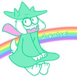 anthro barefoot big_glasses clothing eyewear feet fur glasses green_clothing green_hat green_headwear green_robe hat headgear headwear male pink_scarf rainbow robe scarf simple_background solo text white_body white_fur nishi_oxnard deltarune undertale undertale_(series) ralsei boss_monster_(undertale) bovid caprine mammal 1:1 2023