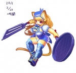 anthro biped breasts cleavage clothed clothing cookware female footwear frying_pan hat headgear headwear kitchen_spatula kitchen_utensils legwear melee_weapon shoes simple_background solo spatula stockings text tools weapon white_background ni_jikan domestic_cat felid feline felis mammal japanese_text signature