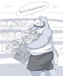 anthro belly big_belly bottomwear chips_(food) clothing eyes_closed food humanoid_hands kemono male overweight overweight_male scar shirt shorts solo text tongue tongue_out topwear mtflying30371 bear mammal 2016 5:6 english_text hi_res