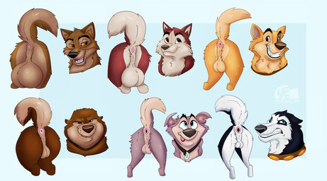 anus backsack ball_size_difference balls bedroom_eyes big_balls black_body black_fur brown_body brown_fur butt collar countershade_butt countershading disembodied_butt disembodied_head eyebrows feral frown fur genitals male male_feral mouth_closed narrowed_eyes open_mouth pink_anus purple_body purple_fur raised_eyebrows raised_tail red_body red_fur seductive smile tail take_your_pick tongue tongue_out white_body white_fur yellow_body yellow_fur little_bean_art balto_(series) universal_studios balto kaltag_(balto) kodiak_(balto) nikki_(balto) star_(balto) steele_(balto) canid canine canis domestic_dog husky mammal nordic_sled_dog spitz 2025 colored digital_media_(artwork) hi_res multiple_scenes shaded soft_shading watermark