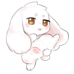 anthro big_ears blush bodily_fluids brown_eyes chibi circle_eyebrows cum eyebrows fur genital_fluids genitals long_ears male open_mouth paws penis pink_penis raised_leg scut_tail short_tail simple_background small_penis solo spreading tail tapering_penis white_background white_body white_ears white_fur white_paws white_tail kirichiiii lagomorph leporid mammal rabbit