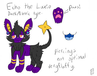 black_body black_fur feral fur male piercing purple_body purple_fur solo changelingcritter nintendo pokemon echo_(changelingcritter) generation_4_pokemon luxio pokemon_(species) hi_res model_sheet