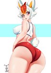 alternate_species blush breasts butt clothed clothing female hair humanoidized looking_back multicolored_hair nipple_outline open_mouth pokemorph red_clothing red_eyes scut_tail short_hair short_tail solo tail thick_thighs topwear two_tone_hair white_clothing white_topwear tiger1001 nintendo pokemon cinderace generation_8_pokemon humanoid pokemon_(species) pokemon_humanoid 2021 hi_res