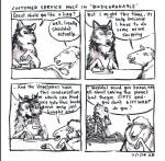 2014 4koma absurd_res anne_barnetson arthropod arthropod_webbing base_two_layout black_nose bone bovid canid canine canis caprine comic customer_service_wolf death dialogue domestic_sheep duo english_text feral fly_(animal) four_frame_image grid_layout hi_res insect mammal question_mark sheep skeleton snout spider_web teeth text time_lapse tongue tongue_out traditional_media_(artwork) two_row_layout wolf