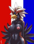 2018 accipitrid accipitriform anthro anthrofied areola avian beak big_breasts biped bird black_body black_feathers blue_body blue_feathers bottomless braviary breasts cere_(anatomy) chest_tuft clothed clothing crossgender curvy_figure digital_drawing_(artwork) digital_media_(artwork) eagle feather_hands feather_tuft feathered_wings feathers female generation_5_pokemon grey_body grey_feathers hi_res hourglass_figure looking_at_viewer multicolored_body multicolored_feathers nintendo nipples non-mammal_breasts non-mammal_nipples nude pink_areola pink_nipples pokemon pokemon_(species) pokemorph portrait red_body red_feathers signature simple_background solo standing thick_thighs three-quarter_portrait topless tuft virate-chip white_body white_feathers wide_hips wings yellow_beak