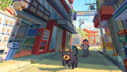 :3 air_conditioner ambiguous_gender angry arcade arcade_machine bagel bread chasing city city_background cute_fangs duo fangs feral food food_theft green_eyes leaf_hat machine noodles outside paws power_lines ramen running shadow shinto_gate sign smug smug_face smug_grin stealing store street teeth traffic_cone utility_pole vending_machine whiskers window young jessie_liu little_kitty_big_city little_kitty_(lkbc) anatid anseriform avian bird duck human mammal 2024 hi_res official_art shaded