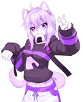 alternate_species anthro biped clothed clothing female food food_in_mouth furrification gesture hair hand_gesture hoodie inner_ear_fluff jelly_doughnut kemono midriff navel onigiri pawpads pink_hair pink_pawpads purple_eyes rice simple_background solo topwear tuft v_sign white_background yoako hololive vtuber okayu_nekomata domestic_cat felid feline felis mammal hi_res