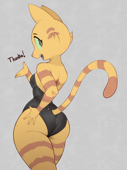 4_fingers alternate_costume anthro bare_shoulders bent_arm big_butt big_ears big_eyes biped black_clothing black_eyebrows black_leotard breasts butt cheek_tuft clothed clothed_anthro clothed_female clothing curved_tail eyebrows eyelashes facial_tuft fangs female fingers fur fur_tuft glistening glistening_eyes green_eyes green_sclera grey_background hand_on_butt hand_on_hip hand_on_own_butt hand_on_own_hip humanoid_hands iris leotard light_body light_fur light_markings long_tail looking_at_viewer looking_back looking_back_at_viewer markings mature_anthro mature_female medium_breasts open_mouth open_smile orange_body orange_breasts orange_ears orange_fur orange_markings orange_stripes orange_tail pink_nose pink_tongue pointy_ears pose prick_ears pupils simple_background smile smiling_at_viewer snout solo standing striped_arms striped_body striped_fur striped_head striped_legs striped_markings striped_tail stripes tail tail_markings teeth text textured_background thick_thighs three-quarter_view tongue tuft cutegraphite litterbox_comics fran_(litterbox_comics) domestic_cat felid feline felis mammal tabby_cat 2026 3:4 digital_drawing_(artwork) digital_media_(artwork) english_text hi_res portrait three-quarter_portrait