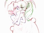 ahoge bangs bob_cut canon_couple cheek_spots curled_hair duo female female/female fur green_hair hair kiss_on_lips pink_hair scut_tail short_tail tail white_body white_fur yogurt200 heartlovepowertemple rabbitmaiden_softworks conja teja alien animal_humanoid humanoid lagomorph lagomorph_humanoid leporid_humanoid mammal mammal_humanoid rabbit_humanoid tailed_humanoid venus_rabbit 4:3 official_art