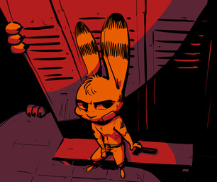 anthro bandage barefoot bench bodily_fluids clothed clothing duo ear_markings facial_markings feet fur fur_markings gun handgun head_markings head_tuft locker locker_room male markings on_bench pistol ranged_weapon scar shadow sitting solo_focus sweat sweatdrop topless tuft weapon fuel_(artist) disney zootopia jack_savage lagomorph leporid mammal rabbit 2018 hi_res restricted_palette