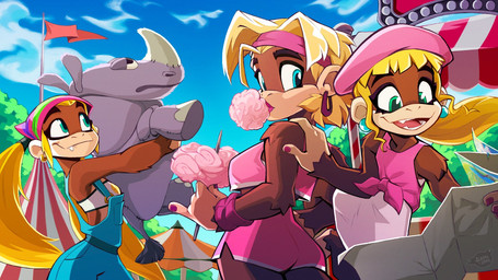 accessory anthro barefoot blonde_hair blue_eyes bottomwear breasts brown_body brown_fur clothing colored_fingernails colored_nails crop_top ear_piercing ear_ring eyebrows eyelashes fair feet female fingernails food fur green_eyes group hair headband holding_object nails outside piercing plushie ring_piercing shirt shorts topwear trio twintails_(hairstyle) alaynakgray donkey_kong_(series) nintendo candy_kong dixie_kong rambi_the_rhinoceros tiny_kong haplorhine mammal monkey primate 16:9 2024 hi_res widescreen