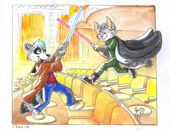 anthro black_nose blue_bottomwear blue_clothing blue_hair blue_lightsaber blue_pants bottomwear brown_clothing brown_robe cape clothed clothing duo fight fur glistening glistening_nose green_bottomwear green_clothing green_pants green_topwear grey_body grey_cape grey_clothing grey_fur hair inside lightsaber logo male melee_weapon open_mouth open_smile pants red_clothing red_lightsaber red_topwear robe short_hair smile topwear weapon white_body white_fur young young_anthro young_male pandapaco star_wars domestic_cat felid feline felis mammal procyonid raccoon 2015 artist_logo dated signature