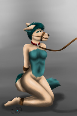 anthro ball_gag bdsm bondage bound breasts brown_body brown_fur collar featureless_breasts female fur gag gagged green_hair hair leash muzzle_(object) muzzled nude solo submissive submissive_female talikatailstudios canid canine fox mammal hi_res