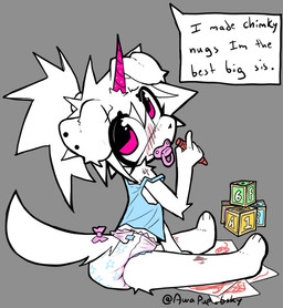 3_toes 4_fingers accessory anthro bare_shoulders black_nose blue_clothing blue_shirt blue_tank_top blue_topwear blush blush_lines bow_ribbon clean_diaper clothed clothing crayon diaper duo ear_piercing feet female fingers fur furgonomics grey_background hair holding_crayon holding_object horn object_in_mouth off_shoulder offscreen_character pacifier pacifier_in_mouth piercing pink_bow pink_eyes pink_horn ponytail ribbons shirt simple_background sitting speech_bubble tail tail_accessory tail_bow tail_ribbon tank_top text toes topwear toy_block unicorn_horn wearing_diaper white_body white_ears white_fur white_hair white_tail young young_anthro anxipup unicorn_puppie_(anxipup) canid canine mammal 2025 english_text signature