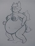 anthro areola balls belly big_areola big_belly bodily_fluids breasts cum cum_inflation cum_inside cum_on_ground disembodied_penis ear_piercing female fur genital_fluids genitals hair inflation male motion_lines navel nipples overweight paws penis piercing slightly_chubby solo tail chip_at_night casey_(chip_at_night) domestic_cat felid feline felis mammal 2020 3:4 hi_res traditional_media_(artwork)