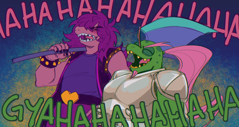 anthro armor axe duo facial_hair female green_body hair laugh long_hair male pink_body pink_hair ponytail sharp_teeth teeth text justdessplease deltarune undertale_(series) gerson susie_(deltarune) reptile scalie turtle absurd_res english_text hi_res