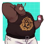 anthro belt beverage brown_body brown_fur canned_drink clothing facial_scar fur male missing_eye overweight scar shirt solo tank_top topwear shyybuchi mihoyo zenless_zone_zero ben_bigger bear mammal 1:1 hi_res