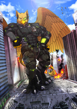 4_toes 5_fingers abs aircraft airplane anthro beak biceps biped boots bottomwear brown_body brown_fur building building_destruction city city_background city_crushing city_destruction cityscape claws clothed clothing destruction extreme_size_difference eyewear feathered_wings feathers feet finger_claws fingerless_gloves fingers fire footwear fur gear glasses gloves handwear house jet macro macro_anthro macro_male male military muscular muscular_anthro muscular_male outside paws pecs rampage shoes size_difference smile soldier solo stomping streetwear tail tank_(vehicle) techwear toe_claws toes topwear vehicle warrior wearing_glasses wings tatugon mythology carpo avian gryphon mythological_avian mythological_creature hi_res
