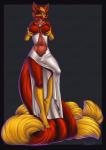 anthro black_nose breasts clothing dress female fluffy fluffy_tail gloves_(marking) leg_markings long_legs long_tail long_torso looking_at_viewer markings midriff navel seductive smile socks_(marking) solo standing tail thick_thighs wide_hips reina. molly_fullin canid canine dreamspinner mammal 2017 hi_res