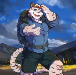 5_fingers anthro backpack beckoning biceps black_body black_fur black_stripes blue_eyes bottomwear clothed clothing cloud detailed_background eyewear eyewear_on_head fingers fully_clothed fur gesture goggles goggles_on_head grey_body grey_fur hiking looking_at_viewer male markings mountain multicolored_body multicolored_fur open_mouth outside shirt shorts sky solo striped_body striped_fur striped_markings striped_tail stripes tail tail_markings teeth tongue topwear white_body white_fur littleblackalas felid mammal pantherine snow_leopard 2017 digital_media_(artwork)