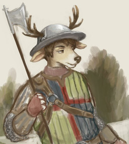 anthro antlers armor chainmail ears_down eyebrows halberd headgear helmet holding_halberd holding_melee_weapon holding_object holding_polearm holding_weapon horn knight looking_forward male melee_weapon military outside pivoted_ears plant polearm soldier solo tree warrior weapon wearing_helmet reynard_goodfellow deer mammal