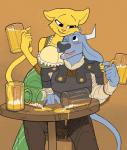 alcohol anthro armor barmaid bartender beer beer_mug beverage big_breasts breast_rest breast_squish breasts chainmail cleavage clothed clothing drunk duo exposure_variation female flirting fur furniture half-closed_eyes male male/female narrowed_eyes one_eye_closed simple_background squish substance_intoxication table white_body white_fur yellow_body yellow_fur kaboozey microsoft prequel_adventure the_elder_scrolls aodhan fan_character katia_managan bovid bovine cattle felid khajiit mammal 2017 digital_media_(artwork) hi_res