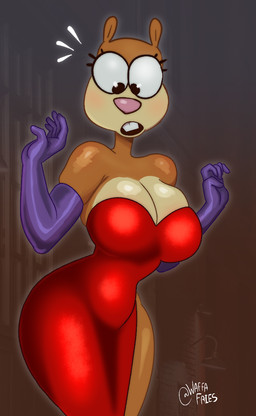 :o anthro armwear big_breasts bottomwear breasts buckteeth cleavage clothed clothed_anthro clothed_female clothing cosplay crossover_cosplay dress elbow_gloves eyelashes female female_anthro glistening glistening_breasts gloves handwear looking_at_self open_mouth purple_armwear purple_clothing purple_elbow_gloves purple_gloves purple_handwear red_clothing red_dress side_slit side_slit_dress skirt slit_dress solo squirrel_ears squirrel_tail standing teeth text thick_thighs waffafries disney marvel nickelodeon spongebob_squarepants who_framed_roger_rabbit jessica_rabbit sandy_cheeks mammal rodent sciurid tree_squirrel 2026 crossover english_text hi_res signature