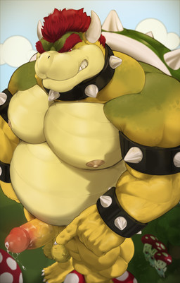 anthro armband balls barazoku belly biceps big_muscles big_penis bodily_fluids bracelet claws clenched_teeth cloud collar collar_only deltoids erection eyebrows fungus genital_fluids genitals gesture grass hair hand_gesture high-angle_view horn huge_muscles humanoid_genitalia humanoid_penis jewelry looking_at_viewer male musclegut muscular muscular_anthro muscular_male mushroom narrowed_eyes nipples non-mammal_balls non-mammal_nipples nude outside pecs penis plant pointing pointing_at_penis precum presenting presenting_penis shadow shell sky solo_focus spiked_armband spiked_bracelet spiked_collar spiked_shell spikes spikes_(anatomy) standing teeth splash_toru mario_bros nintendo bowser dragon_koopa koopa red_toad scalie toad_(mario) 2023 hi_res