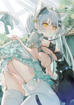 accessory animal_ears belt_accessory big_breasts bikini black_bikini black_clothing black_swimwear blush bottomwear bow_tie breasts butt clothed clothing clothing_lift collar covered_nipples duo female flower fluffy_ears furgonomics grey_bottomwear grey_clothing grey_hair grey_skirt hair hair_accessory hair_between_eyes leash leashed_collar legwear long_hair looking_at_viewer looking_back looking_back_at_viewer maid_headdress multi_ear nipple_outline open_mouth panties pantyhose plant ribbons skirt skirt_lift solo_focus string_bikini swimwear tail tail_accessory tail_ribbon two-piece_swimsuit underwear white_clothing white_legwear white_panties white_pantyhose white_underwear yellow_eyes kawachi_rin kawachi_rin_(oc) animal_humanoid cat_humanoid domestic_cat felid felid_humanoid feline feline_humanoid felis humanoid mammal mammal_humanoid hi_res