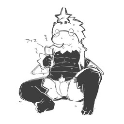 anthro bodily_fluids clothed clothing eyes_closed feet food holding_food holding_object holding_popsicle male popsicle simple_background soles solo sweat text tongue topless topless_male white_background wings moesouna_gomi shiva_osuka arthropod insect lepidopteran moth 1:1 2026 japanese_description japanese_text monochrome