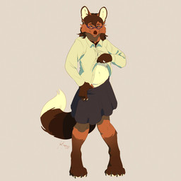 anthro bite biting_lip biting_own_lip bottomwear breasts clothing collared_shirt digit_ring digitigrade dress_shirt eyewear female glasses jewelry looking_at_viewer navel ring self_bite shirt skirt solo tail topwear under_boob undressing_self wedding_ring cherirumiko canid canine mammal 1:1 hi_res