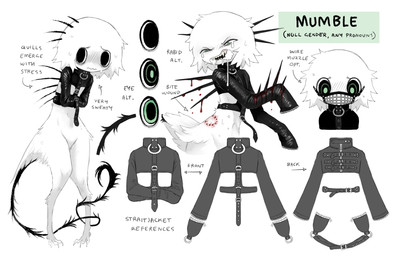 ambiguous_gender anthro back_spikes belt black_belt black_collar black_eyes black_straitjacket black_tail blood bodily_fluids clothed clothed_ambiguous clothed_anthro clothing collar drooling feathers flat_face green_eyes green_pupils head_spikes latex_straitjacket muzzle_(object) muzzled nervous pupils rabies restraints saliva sharp_teeth shy simple_background solo spikes spikes_(anatomy) straitjacket tail tears teeth text white_background white_body white_feathers wounded jejejunum mumble_(jejejunum) demon 2026 character_name english_text full-length_portrait hi_res model_sheet portrait