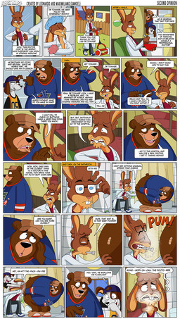 anthro baby_powder backwards_hat band-aid bandage bathroom blue_eyes bottomwear bottomwear_down brown_body brown_fur brown_hair clothed clothing coat curly_hair detailed_background dialogue eyewear farting_on_face flashlight fur glasses group hair hat headgear headwear hockey_jersey humor jersey lab_coat lawn_mower male overweight overweight_male pants pants_down partially_clothed prank profanity shirt shower_cap text topwear white_body white_fur xamoel beast_house chad_(xamoel) tommer_(xamoel) wimpy_(xamoel) bear canid canine canis domestic_dog lagomorph leporid mammal rabbit 2017 comic english_text hi_res