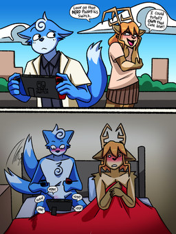 2_panel_comic 5_fingers after_sex anthro antlers barely_visible_genitalia barely_visible_penis bed bedding bedroom black_nose blanket blue_body blue_fur blue_nose blush blush_lines breasts brown_body brown_fur building canon_x_oc chest_tuft clothed clothed_female clothed_male clothing cloud controller dialogue duo female fingers fur furniture game_controller gaming genitals hair horn joycon_controller male male/female multicolored_body multicolored_fur nintendo_controller nude nude_anthro nude_female nude_male orange_hair penis pillow playing_video_game shocked sky speech_bubble tail tail_motion tailwag tuft white_body white_fur deerkid instant_loss_2koma nintendo nintendo_switch star_fox ariel_(deerkid) marcus_mccloud canid canine canis deer fox mammal 3:4 absurd_res comic hi_res