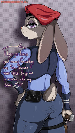 anthro beret butt clothed clothing dialogue eyebrows eyelashes female fingers fur furgonomics grey_body grey_fur gun half-closed_eyes hand_on_hip hand_on_own_hip handgun hat headgear headwear legband long_ears looking_at_viewer looking_back narrowed_eyes open_mouth police police_uniform purple_eyes ranged_weapon scut_tail short_tail solo standing tail teeth text thighband uniform weapon whiskers br333 disney zootopia judy_hopps lagomorph leporid mammal rabbit 9:16 absurd_res english_text hi_res url watermark