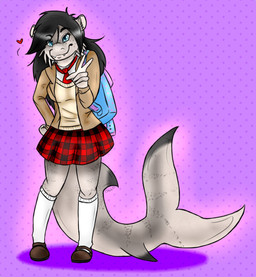 5_fingers anthro backpack bag biped black_hair blue_eyes bottomwear breasts clothing female fin fingers fish_tail footwear gesture grey_body grey_skin hair hand_gesture hand_on_hip heart_symbol knee_highs knee_socks legwear long_tail necktie non-mammal_breasts pose school_uniform skirt smile socks solo sweater tail tail_fin tan_clothing tan_sweater tan_topwear thick_tail topwear uniform v_sign whiskers shote whisky_catfish aquatic catfish fish hi_res
