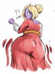 big_butt blonde_hair breasts butt clothing dialogue dress female hair huge_butt lips looking_back not_furry pokemorph question_mark simple_background solo text thick_lips white_background wide_hips redfred nintendo pokemon generation_1_pokemon humanoid jynx pokemon_(species) english_text hi_res