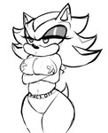 annoyed anthro breasts clothing crossgender eyeshadow female makeup medium_breasts mtf_crossgender nipple_tape panties pasties profanity simple_background solo tape text text_on_clothing text_on_panties text_on_underwear underwear white_background huegirl19 sega sonic_the_hedgehog_(series) shadow_the_hedgehog eulipotyphlan hedgehog mammal english_text greyscale monochrome