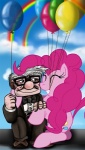 balloon balloon_in_mouth blue_eyes bow_(feature) bow_tie cloud duo elderly eyewear female feral fur glasses hair holding_balloon holding_object hug inflatable male mouth_hold object_in_mouth pink_body pink_fur pink_hair rainbow rainbow_arch white_hair james_corck disney friendship_is_magic hasbro my_little_pony pixar up_(film) carl_fredricksen pinkie_pie_(mlp) earth_pony equid equine horse human mammal pony better_version_at_source crossover