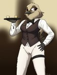 anthro black_tie_(suit) bottomless bow_tie casual_exposure clothed clothing dress_shirt female genitals leg_strap pussy shirt solo suit topwear vest waiter waiter_suit waiter_tray waitress_uniform fish_birb millie_(fish_birb) avian bird oscine passerine starling_(bird) absurd_res hi_res