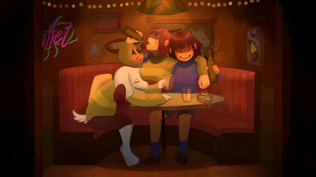 alcohol ambiguous_gender bar beverage bottle container drinking drunk eyes_closed eyewear fur furniture glasses group laugh long_ears male musical_note musical_symbol neon_sign sign smile substance_intoxication symbol table text white_body white_fur muggertime wyndos undertale undertale_(series) asriel_dreemurr chara_(undertale) frisk_(undertale) boss_monster_(undertale) bovid caprine goat human mammal english_text