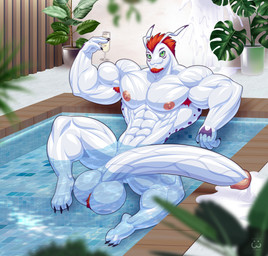 abs anthro armpit_hair ball_tuft balls biceps big_balls big_penis bodily_fluids body_hair container cum cum_drip cum_splatter cup drinking_glass dripping genital_fluids genitals glass glass_container glass_cup huge_balls huge_penis humanoid_genitalia humanoid_penis hyper hyper_balls hyper_genitalia hyper_penis looking_at_viewer lounging male muscular muscular_anthro muscular_male nipples pecs penis pink_nipples solo swimming_pool tuft vein veiny_penis wine_glass wolfiecanem bandai_namco digimon digimon_(species) digmon gomamon 2021 hi_res signature