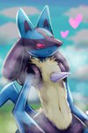 2:3 anthro blurred_background blush blush_lines bodily_fluids breath canid canine digital_drawing_(artwork) digital_media_(artwork) eyelashes female generation_4_pokemon glowing glowing_eyes heart_eyes heart_symbol hi_res hypnosis kanakakia looking_at_viewer lucario lust mammal mind_control narrowed_eyes nintendo panting pokemon pokemon_(species) solo standing tears