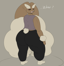 ambiguous_gender anthro asking_viewer big_butt black_sclera bottomwear brown_body brown_fur butt clothed clothed_ambiguous clothed_anthro clothing cotton_tail floppy_ears fur furgonomic_bottomwear furgonomic_pants furgonomics long_ears looking_at_viewer looking_back looking_back_at_viewer narrowed_eyes open_mouth red_eyes solo tail talking_to_viewer tan_body tan_fur teeth text thick_thighs pleasantlyplumpthiccness nintendo pokemon generation_4_pokemon lopunny pokemon_(species) english_text hi_res
