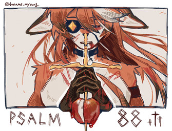 anthro apple blood blood_on_face blood_on_hand bodily_fluids breasts eye_patch eyewear featureless_breasts female food fruit fur hair half-closed_eyes narrowed_eyes orange_body orange_fur orange_hair plant simple_background solo text white_background noname_myeong jeanne_(noname_myeong) canid canine fox mammal absurd_res hi_res