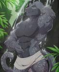 abs biceps black_body black_fur eyes_closed fur male melanistic muscular muscular_male outside pink_nose smile solo towel towel_around_waist towel_only water waterfall velk felid mammal pantherine snow_leopard