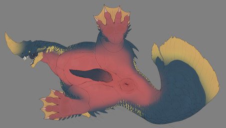anus blue_body blue_head blue_penis claws countershade_torso countershading feet feral fin genitals gradient_penis horn male membrane_(anatomy) multicolored_head penis pink_torso puffy_anus scales solo spread_legs spreading tail tail_fin tailbutt tapering_penis teeth toes webbed_feet yellow_body yellow_eyes yellow_head yellow_horn yellow_scales larynkir_(artist) capcom monster_hunter beotodus piscine_wyvern hi_res