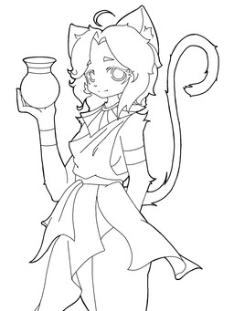 adolescent clothing female hair looking_at_viewer non_color smile standing tail young cassis felid feline felis humanoid mammal black_and_white hi_res monochrome sketch