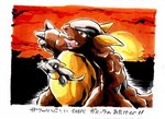 brown_body claws duo fangs grey_body horn landscape looking_aside open_mouth reaching_out scales sunset tan_body teeth text ganbear nintendo pokemon baby_kangaskhan generation_1_pokemon kangaskhan pokemon_(species) low_res traditional_media_(artwork)