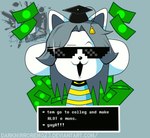 clothed clothing eyebrows eyewear hair money open_mouth raised_eyebrow simple_background solo sunglasses text topwear white_body darkmirrormo23 undertale undertale_(series) temmie_(undertale) canid canine felid feline mammal tem animated hi_res short_playtime